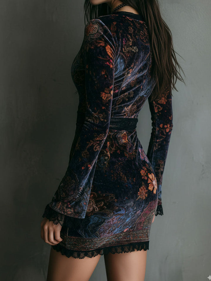 Floral velvet bodycon mini dress side view