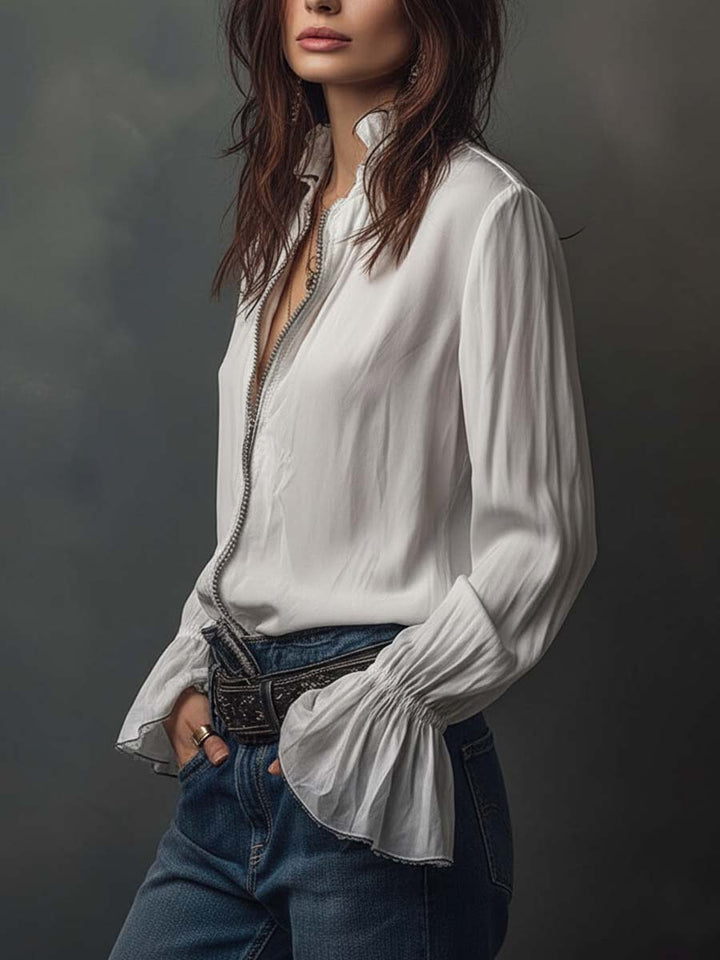 White zip-front blouse side view