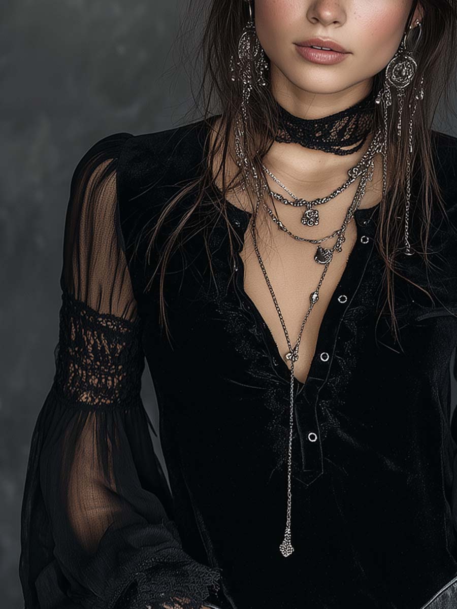 Vintage velvet Henley collar blouse styled look