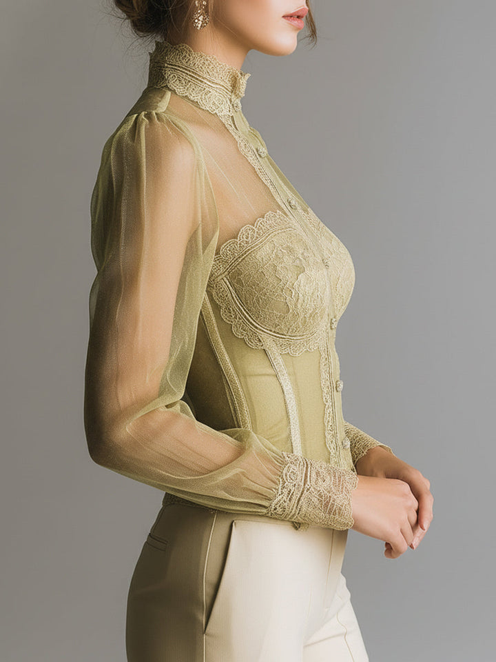 Romantic mesh lace-trimmed bustier-style blouse back view