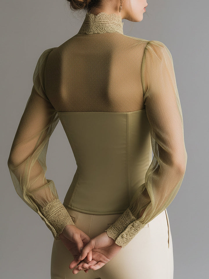 Romantic mesh lace-trimmed bustier-style blouse detail view