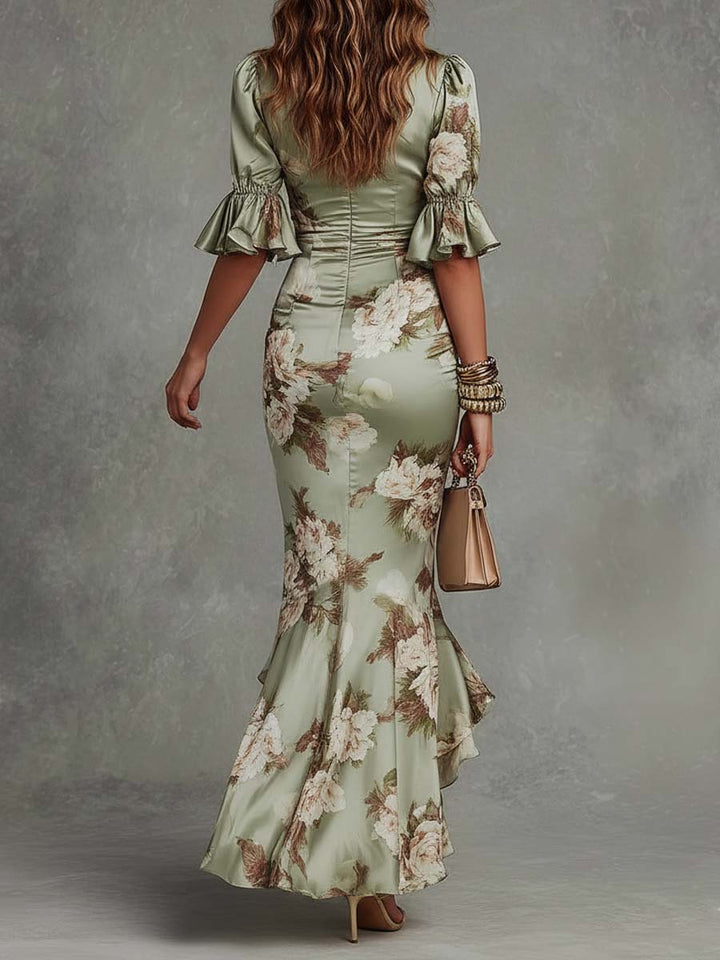 Floral ruched V-neck maxi dress detail close-up