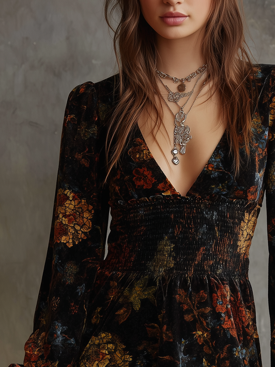 Retro floral print pleated waist velvet mini dress detail view