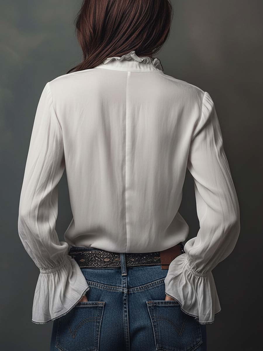 White flounce cuffs blouse back view