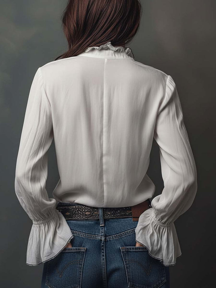White flounce cuffs blouse back view