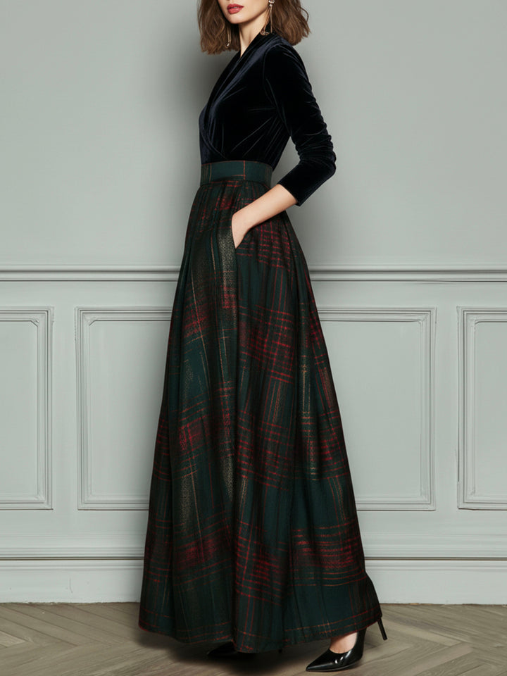 Elegant high waist velvet plaid evening gown full skirt side view