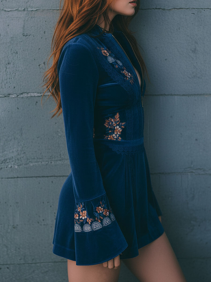 Blue velvet lace embroidery dress detail view