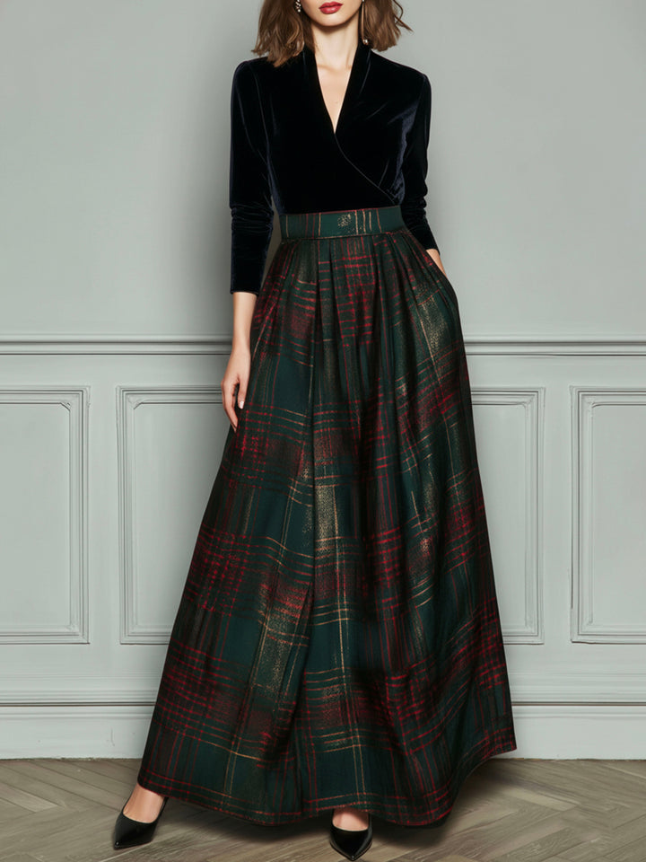 Elegant high waist velvet plaid evening gown full skirt detail view