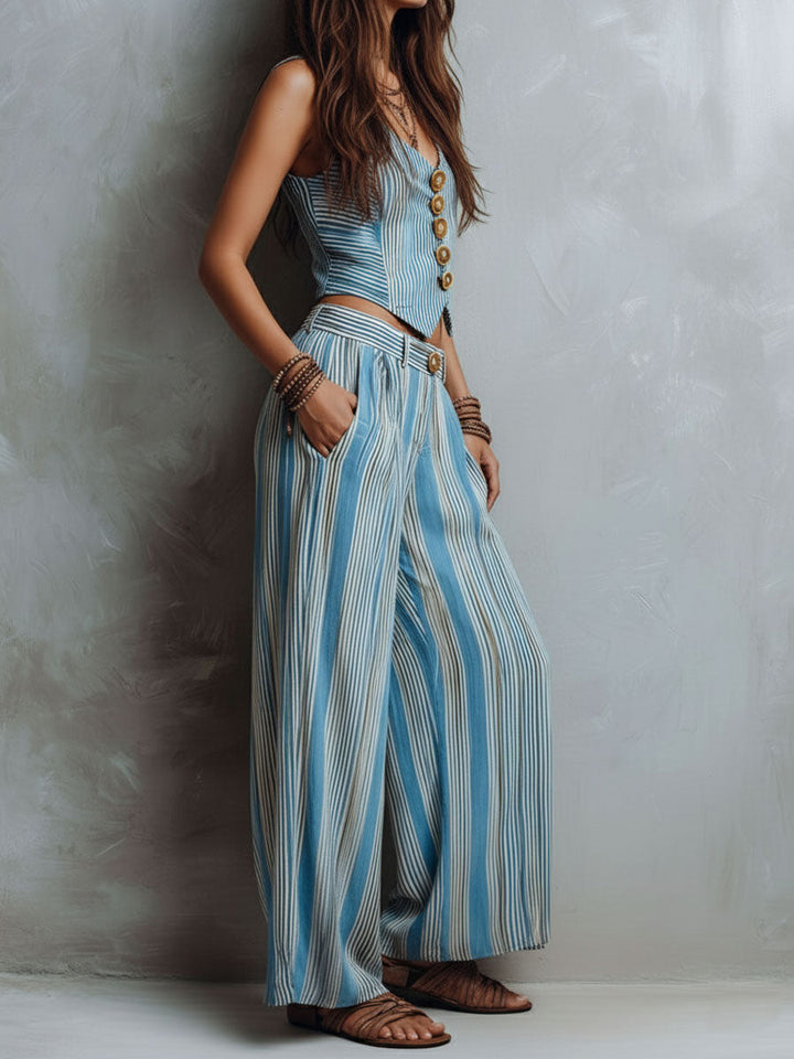 Blue striped vest wide-leg pants set side view