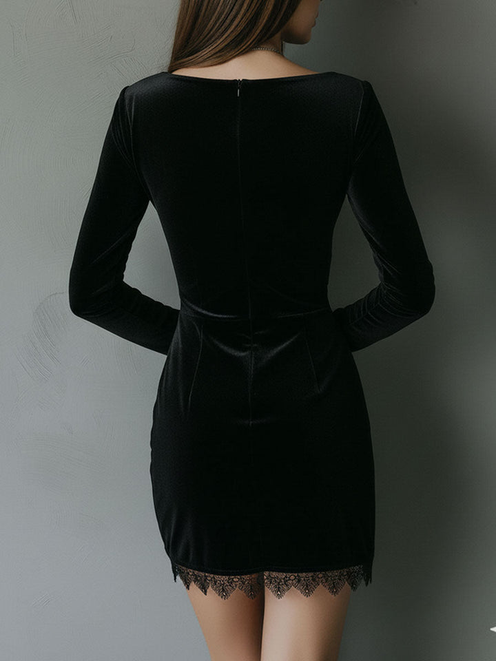 Chic pleat waist black velvet mini dress lace trim detail view