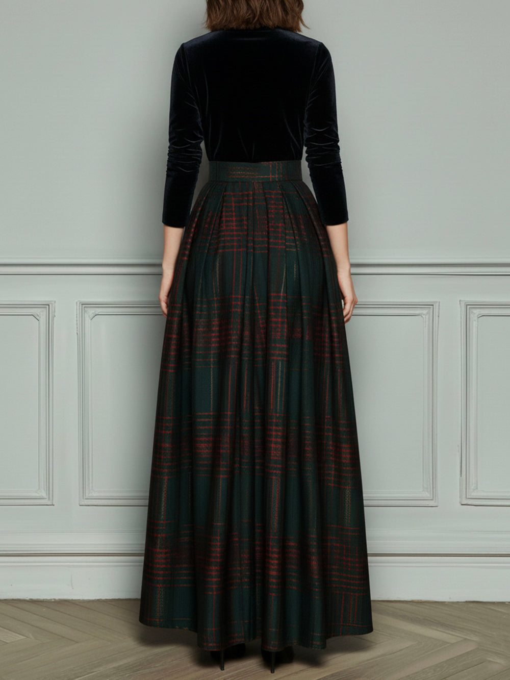 Elegant high waist velvet plaid evening gown full skirt back view