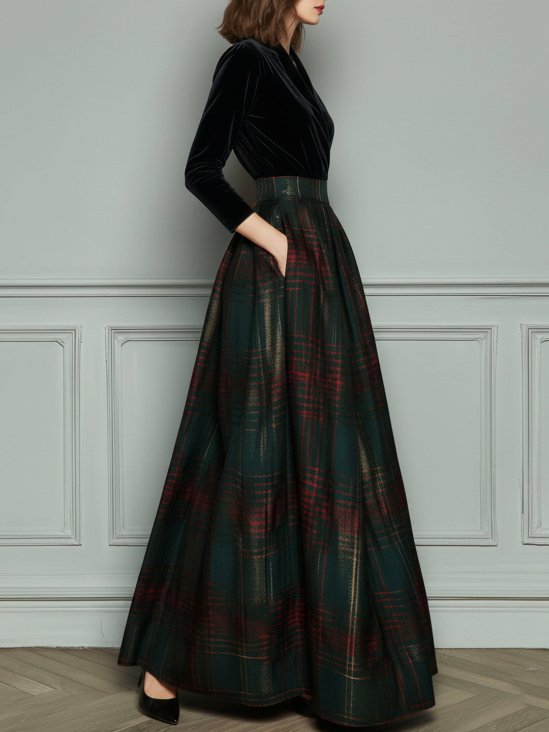 Elegant high waist velvet plaid evening gown full skirt styled view