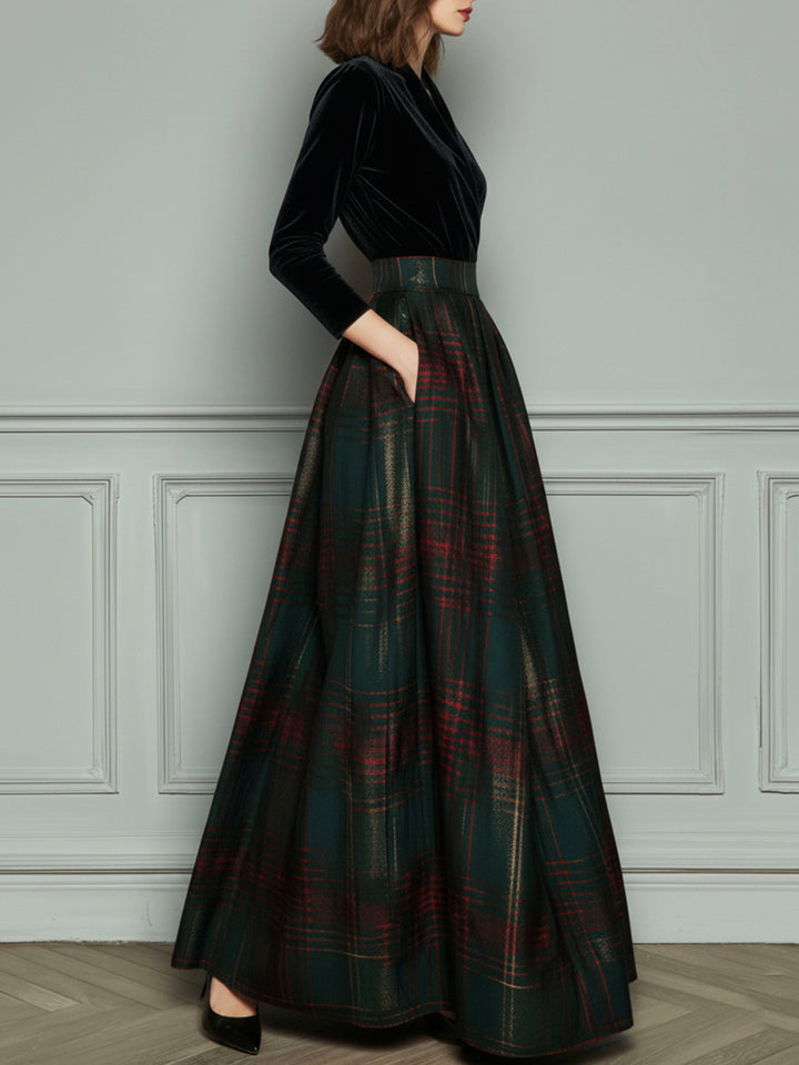 Elegant high waist velvet plaid evening gown full skirt styled view