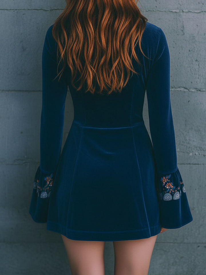 Boho blue velvet mini dress full length view