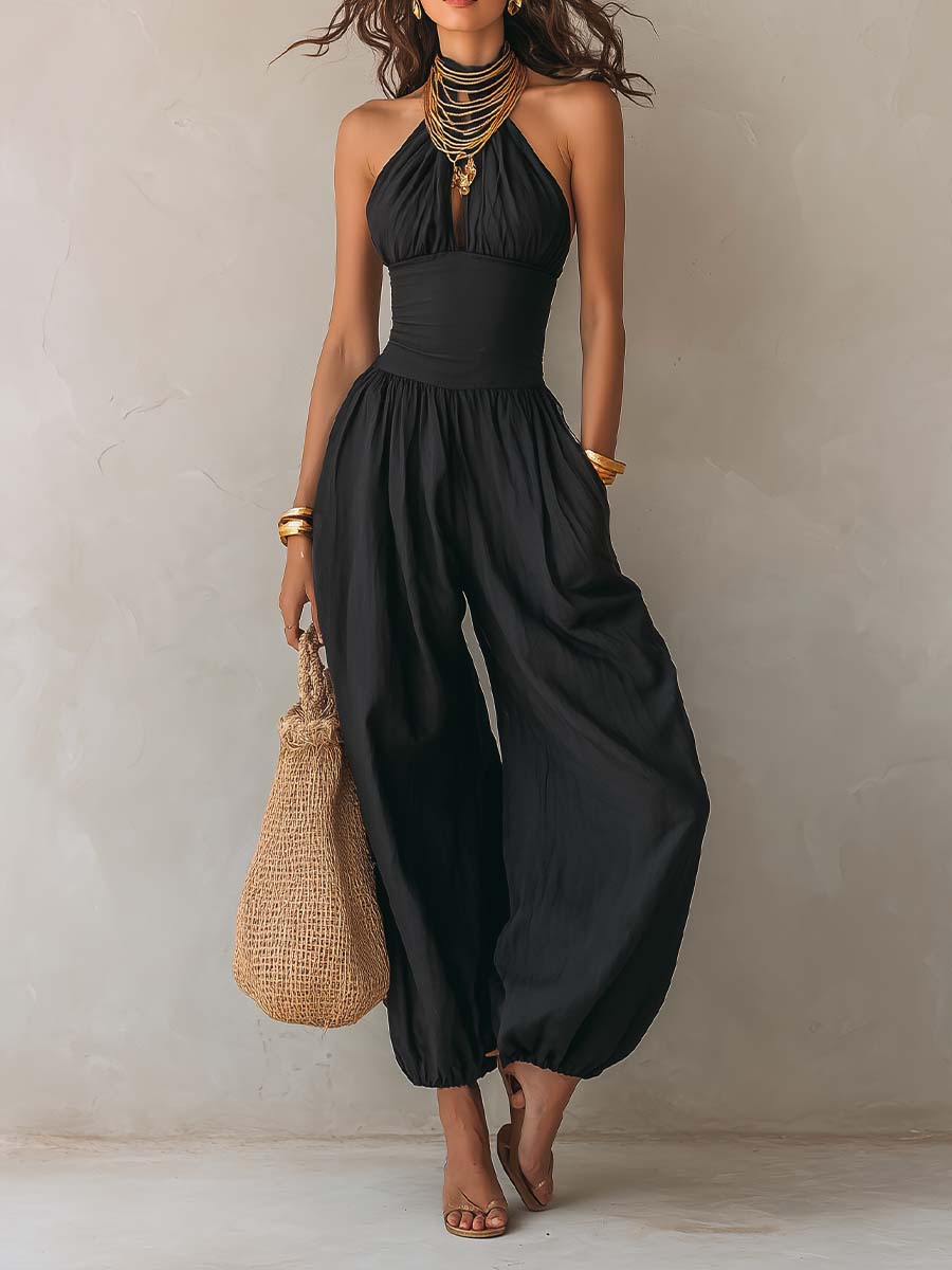 Bohemian halter keyhole balloon-leg jumpsuit front view