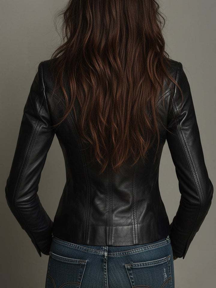 Single-breasted leather jacket back view