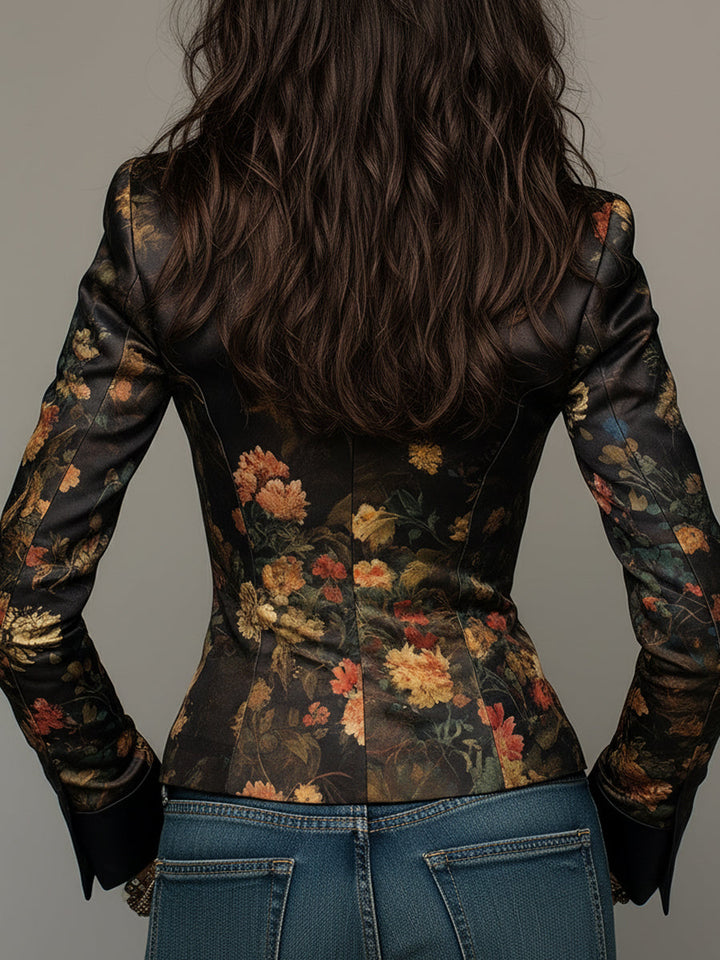 Floral print satin blazer detail view
