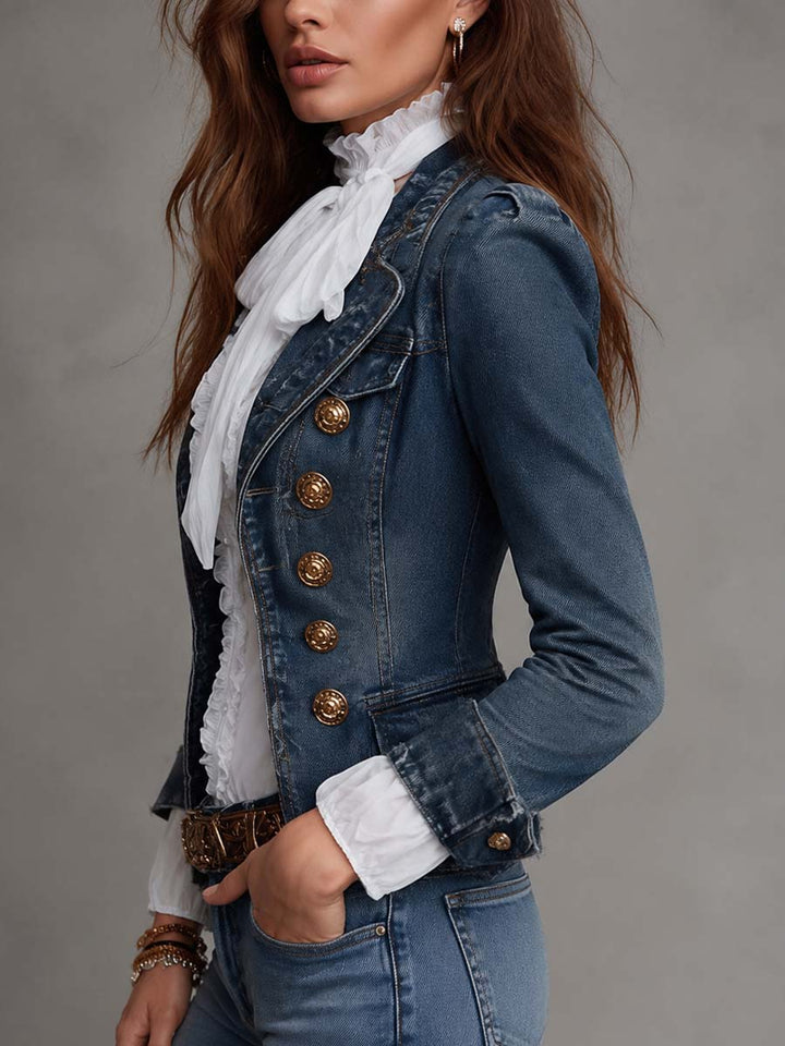 Cropped denim blazer back view