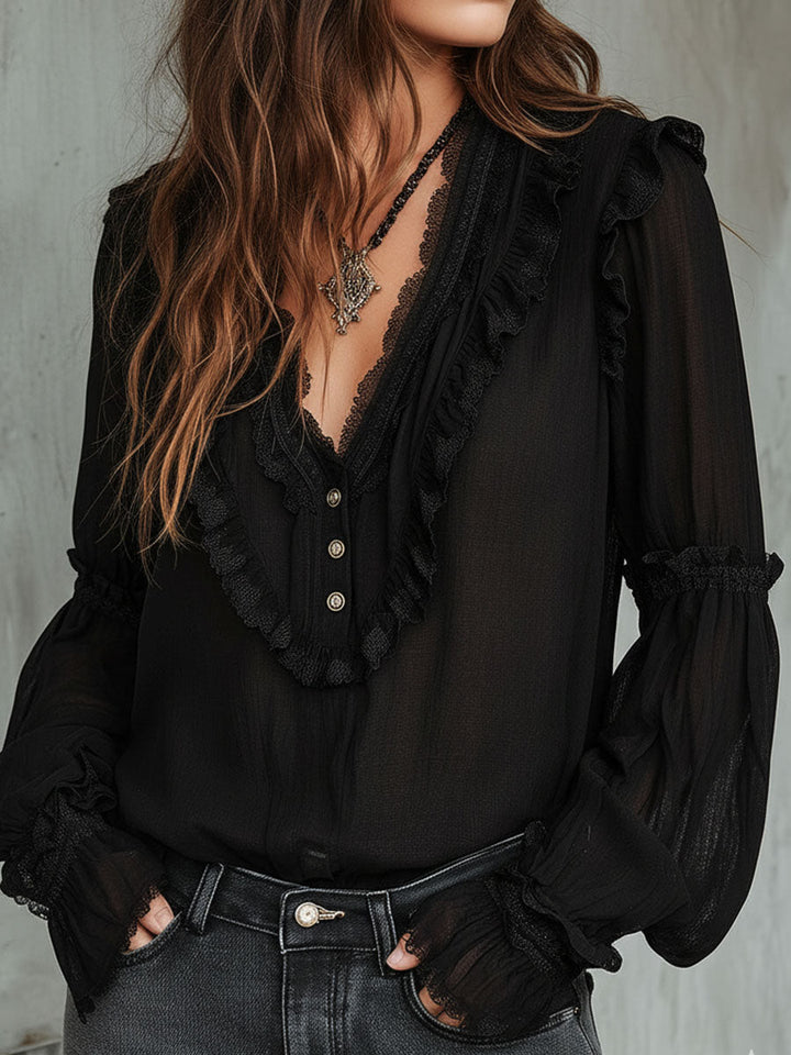Black lace trim ruffle blouse back view