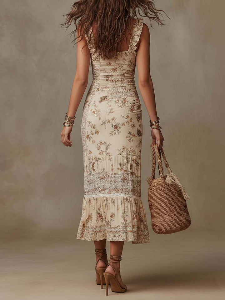 Cream floral slit midi dress side view