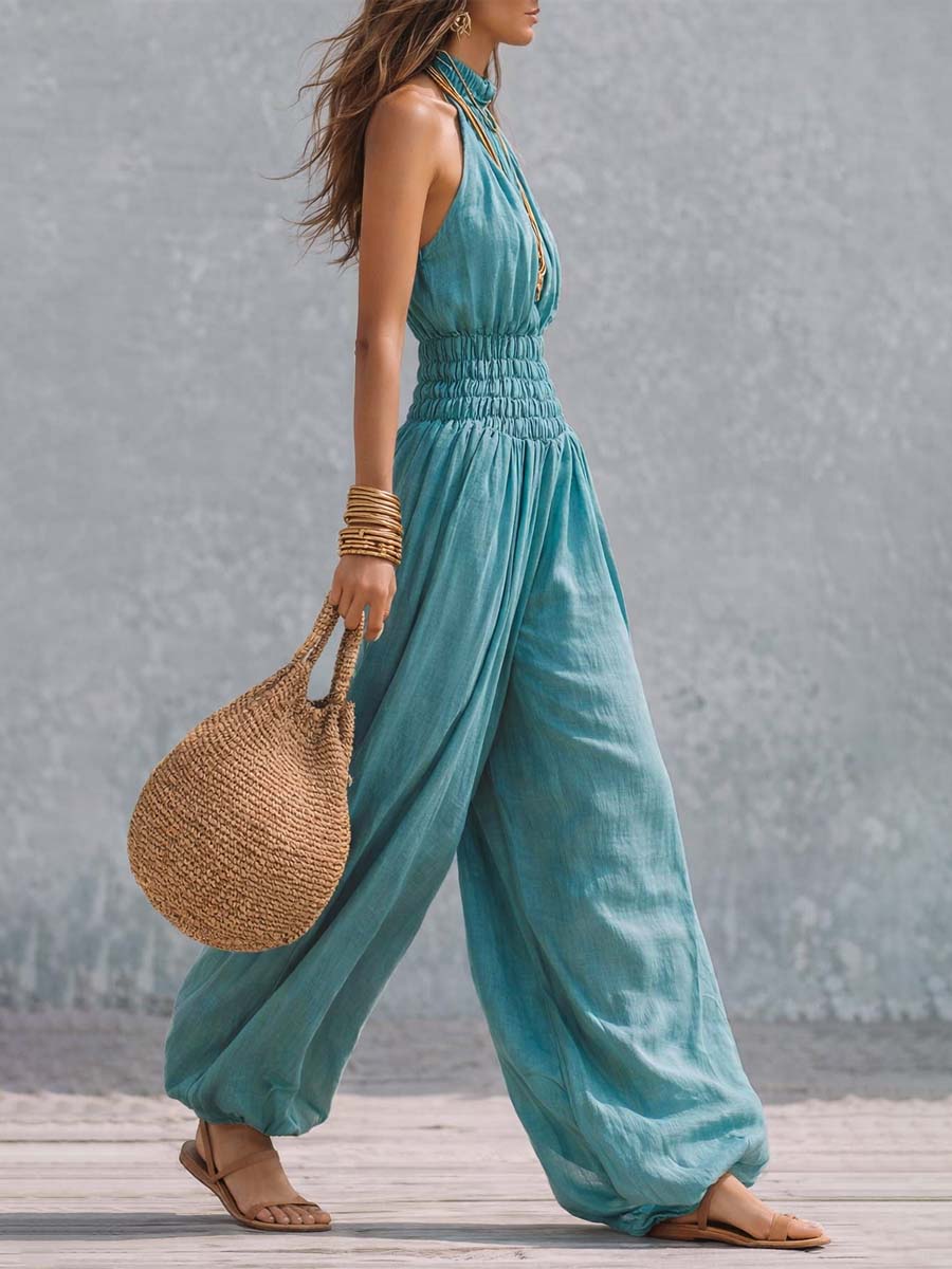 Smocked halter balloon jumpsuit detail close-up