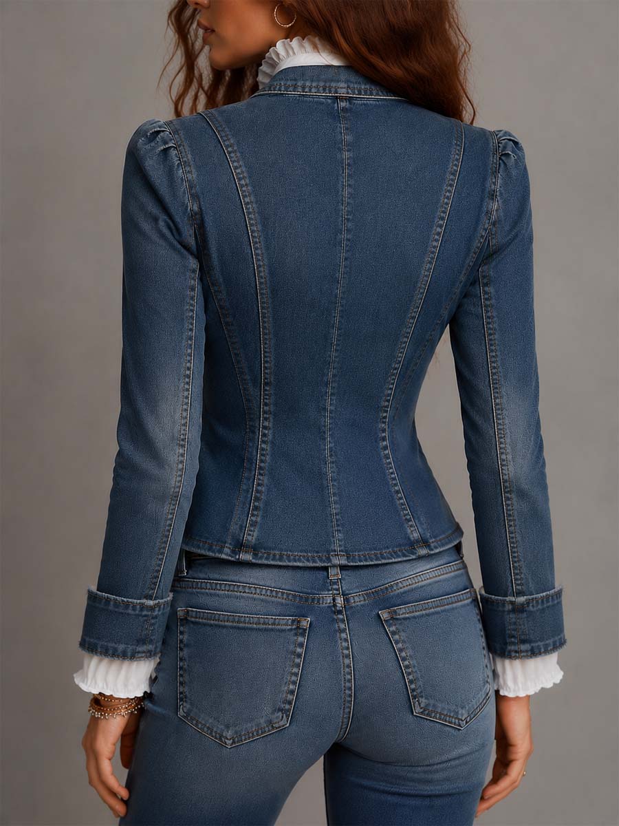 Western gold button denim blazer styled outfit