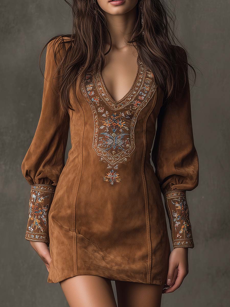 Vintage suede embroidered long sleeve mini dress front view