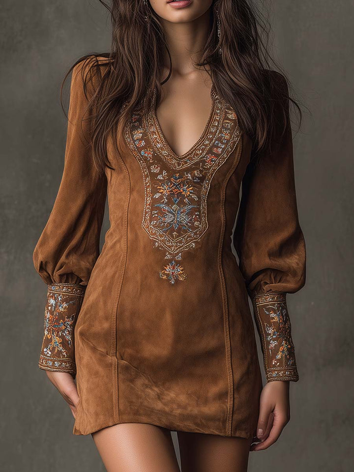 Vintage suede embroidered long sleeve mini dress front view