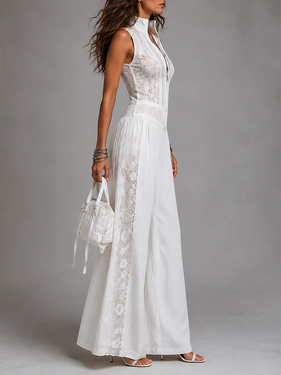 Wide-leg jumpsuit stand-collar side view