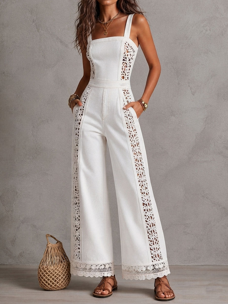 White denim lace jumpsuit back view