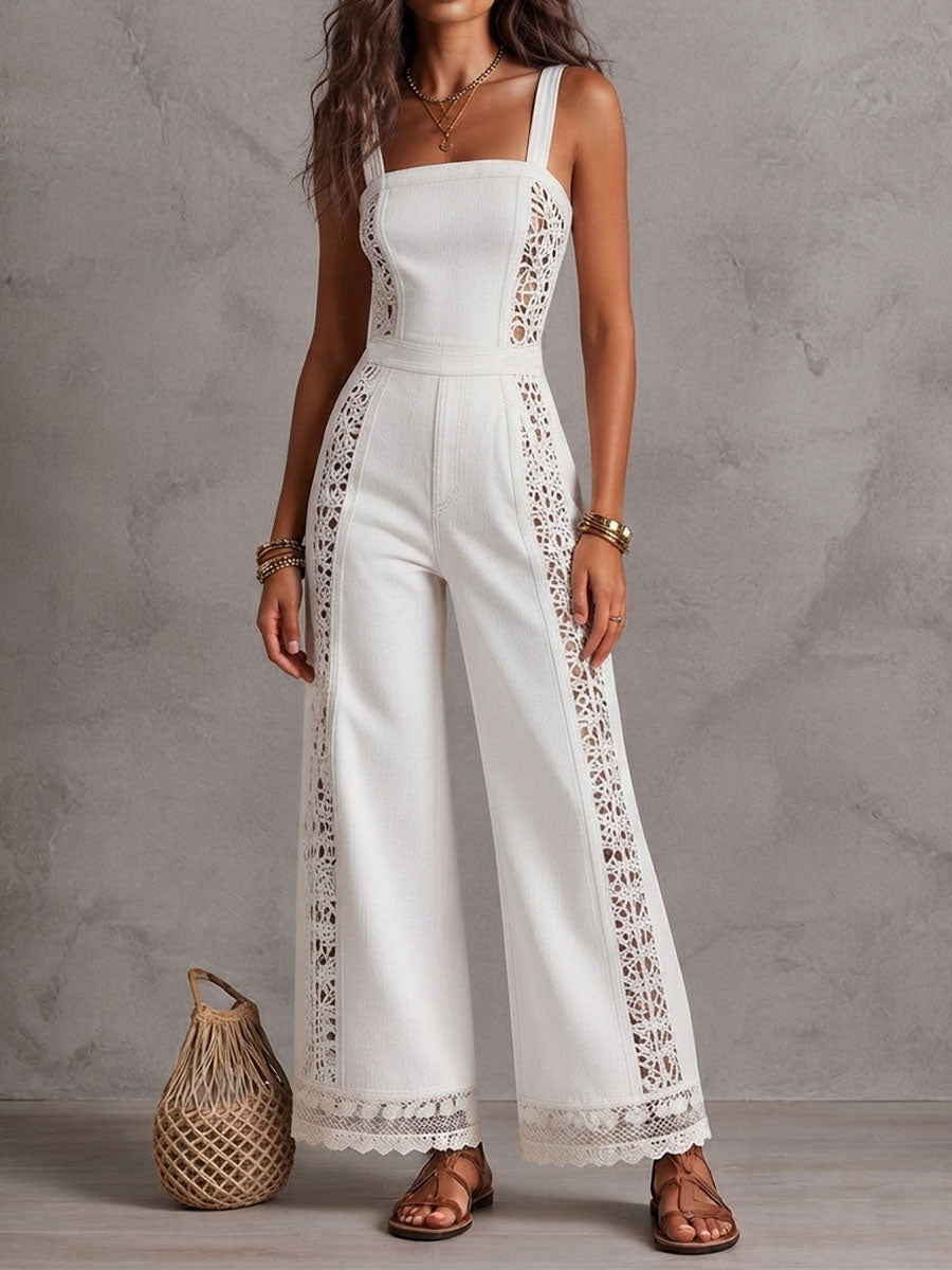 Boho white denim wide-leg jumpsuit styled look