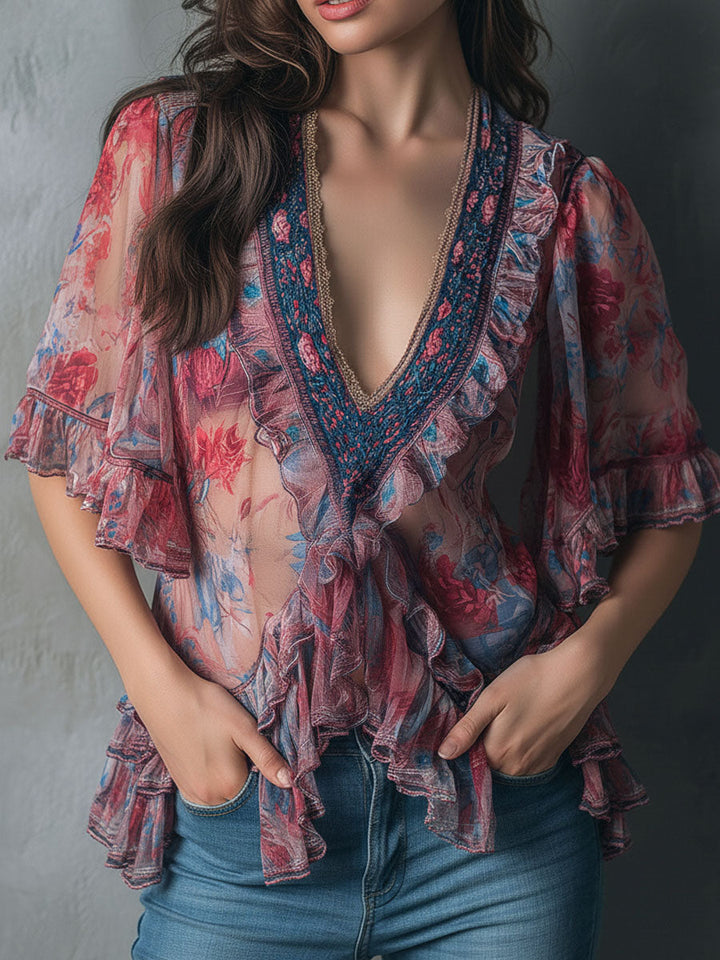 Floral V-neck ruffle blouse full length view