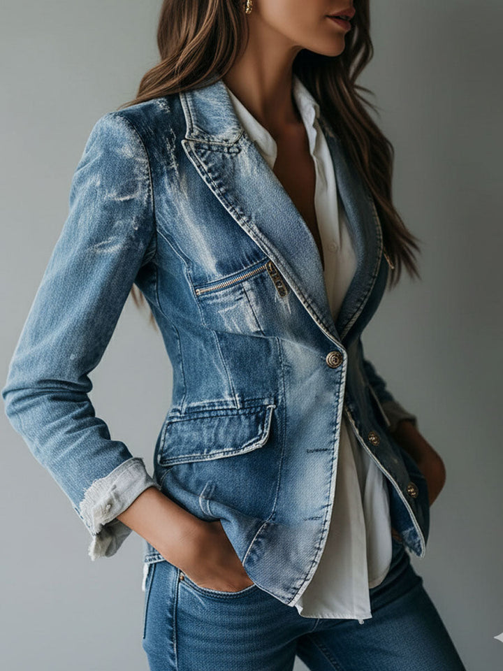 Denim tailored blazer back view
