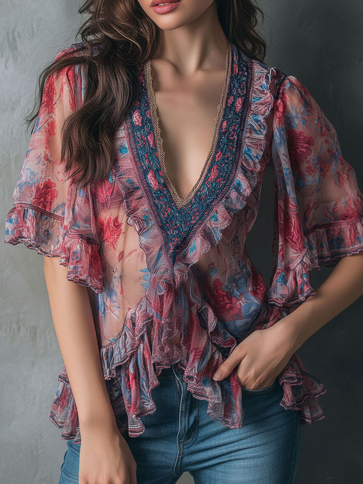 Boho floral ruffle blouse detail view