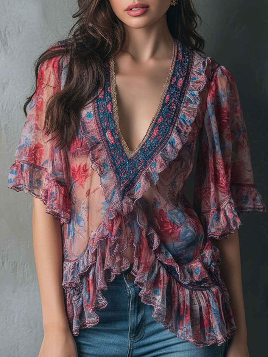 Sheer floral ruffle blouse back view