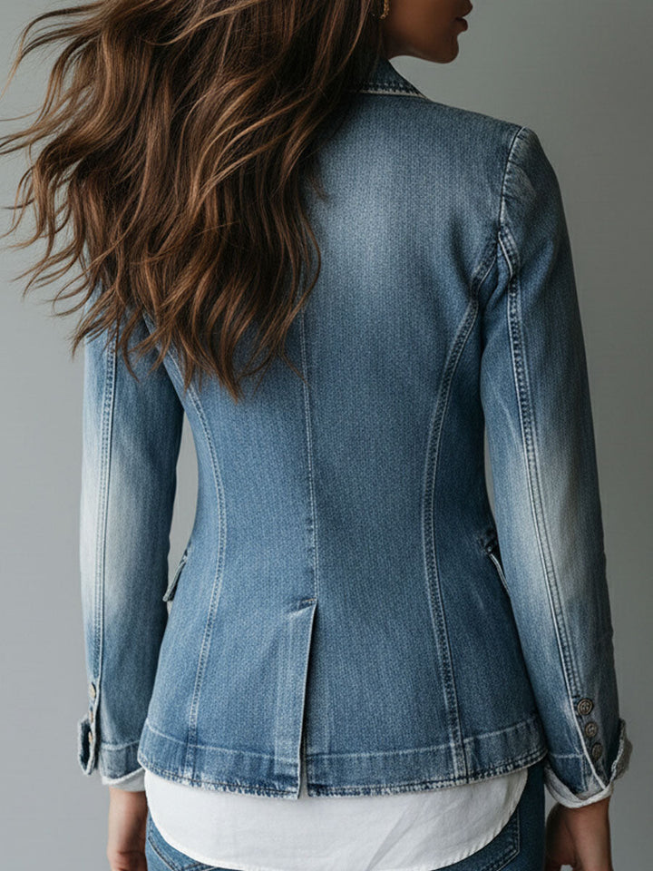 Washed denim blazer full length view