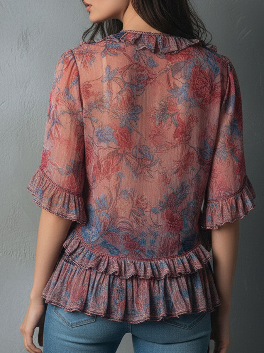 Floral ruffle blouse side view