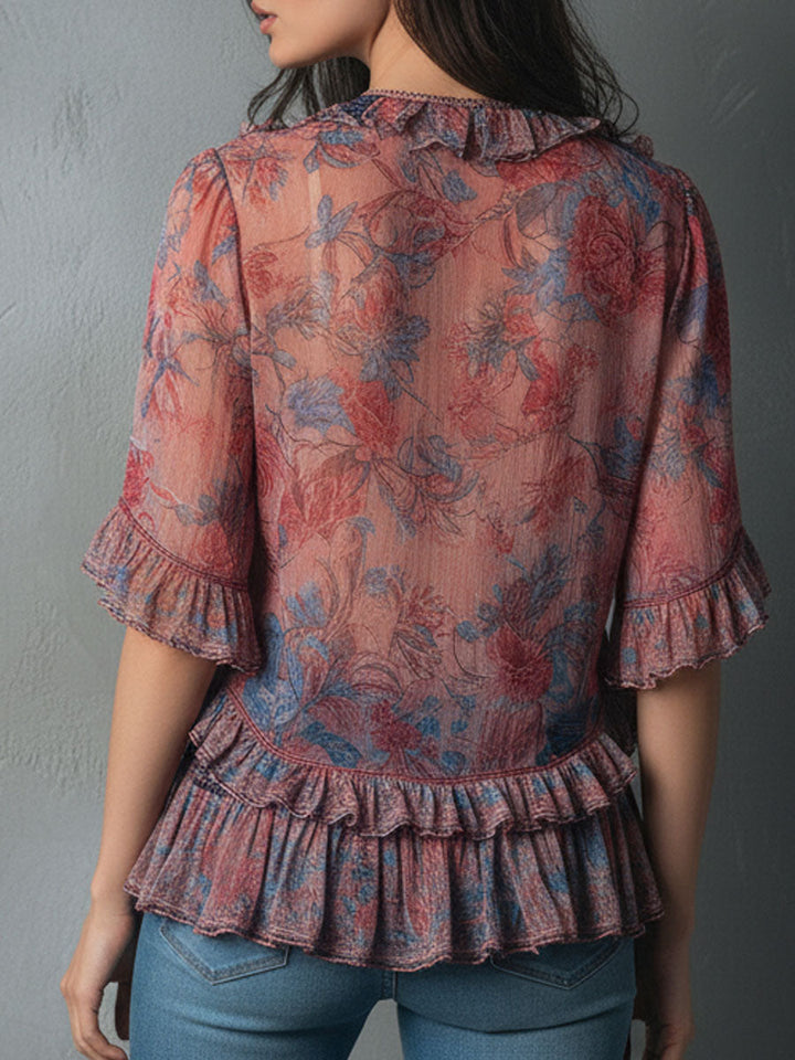 Floral ruffle blouse side view