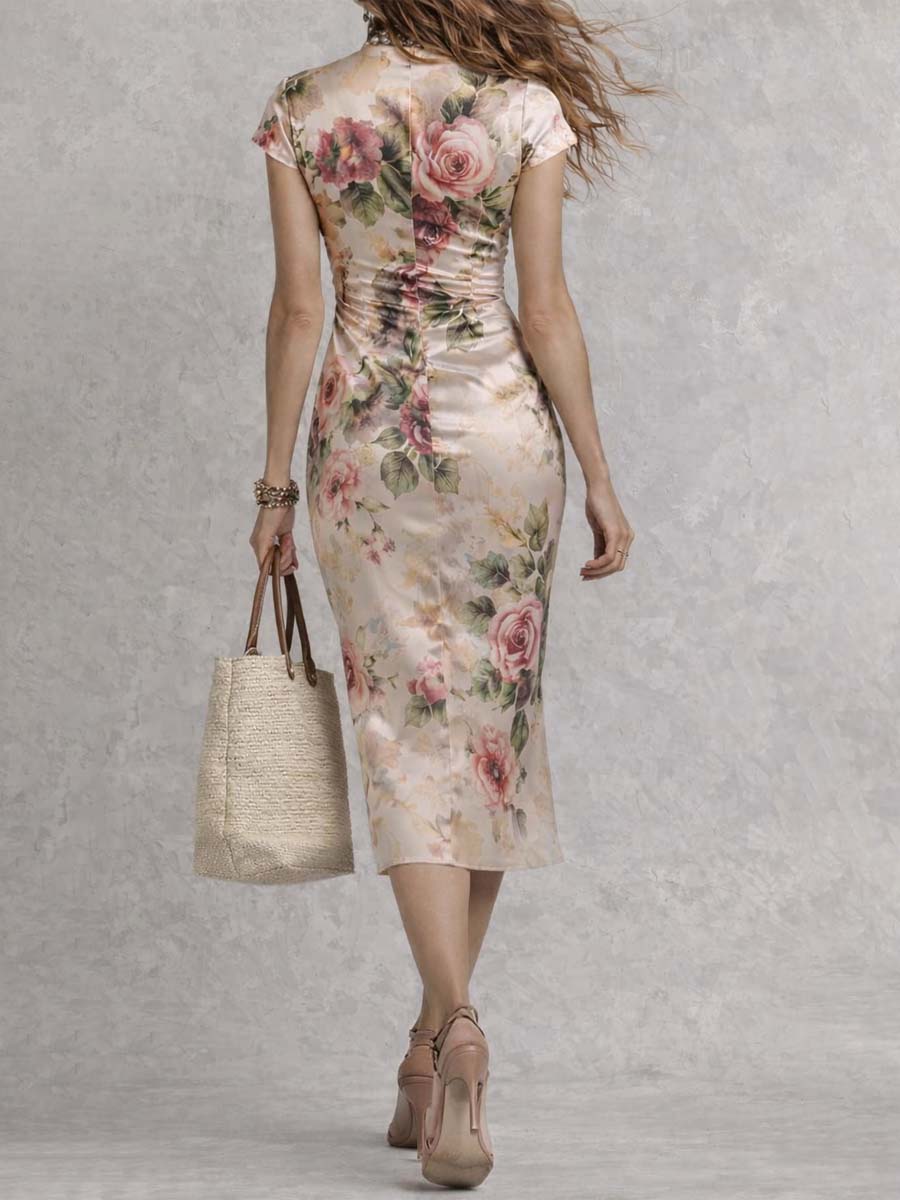 Satin ruched midi dress back view