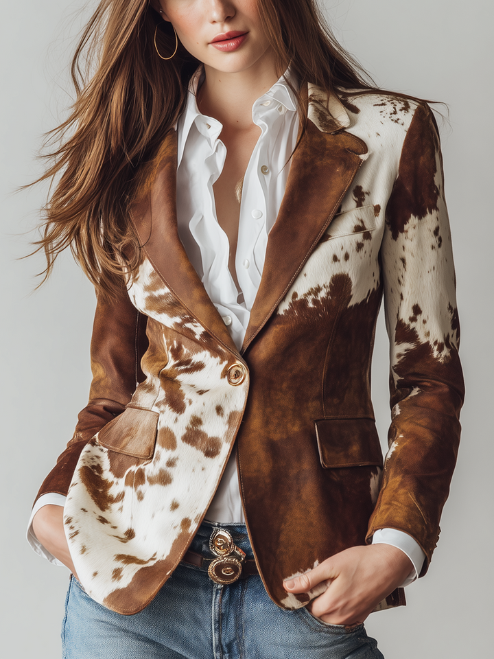 Vintage cow print eco suede blazer front view