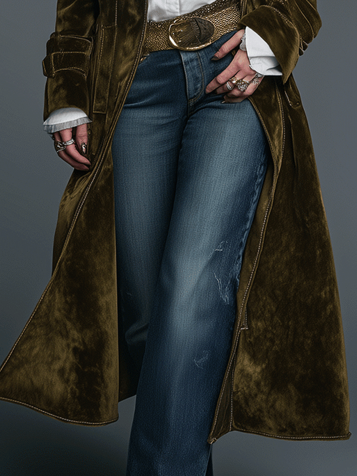 Boho luxe olive velvet leopard lapel long coat styled view