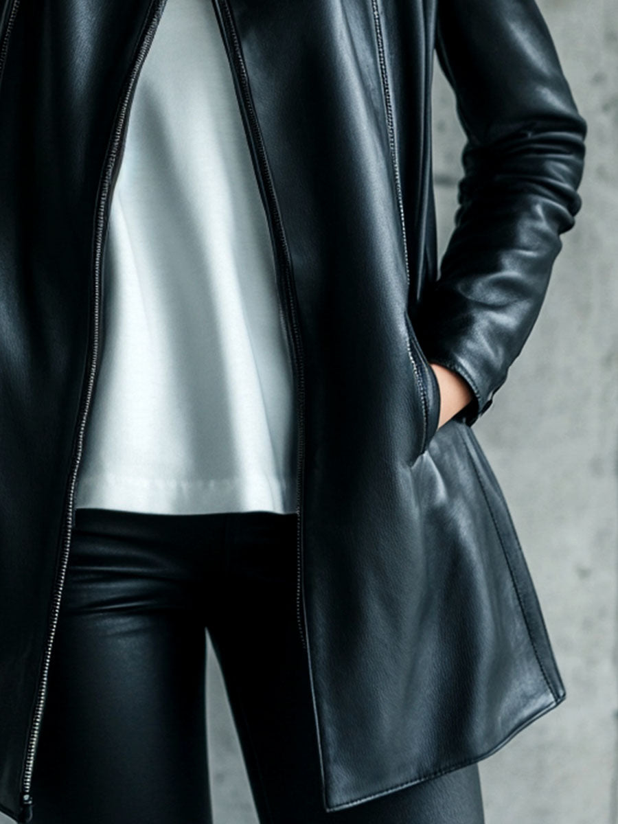 Lapel leather jacket back view
