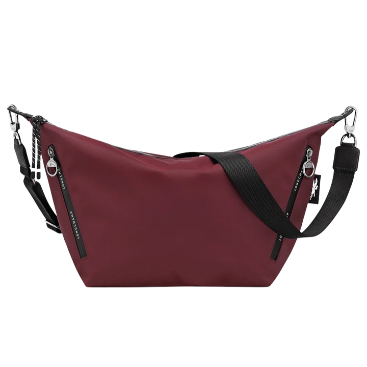 Longchamp Le Pliage Energy Medium Crossbody Tote Burgundy Wine Red on shoulder