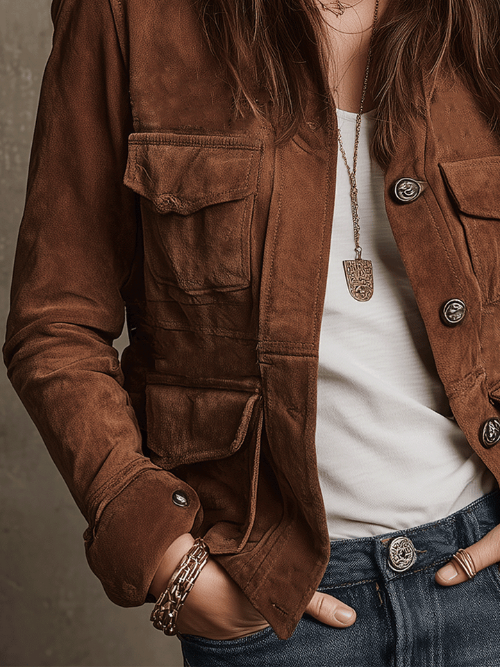 Brown suede jacket detail view