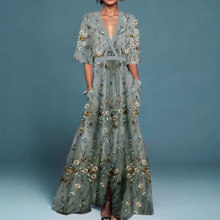 Michelle - Elegant Floral Wrap Dress — detail view
