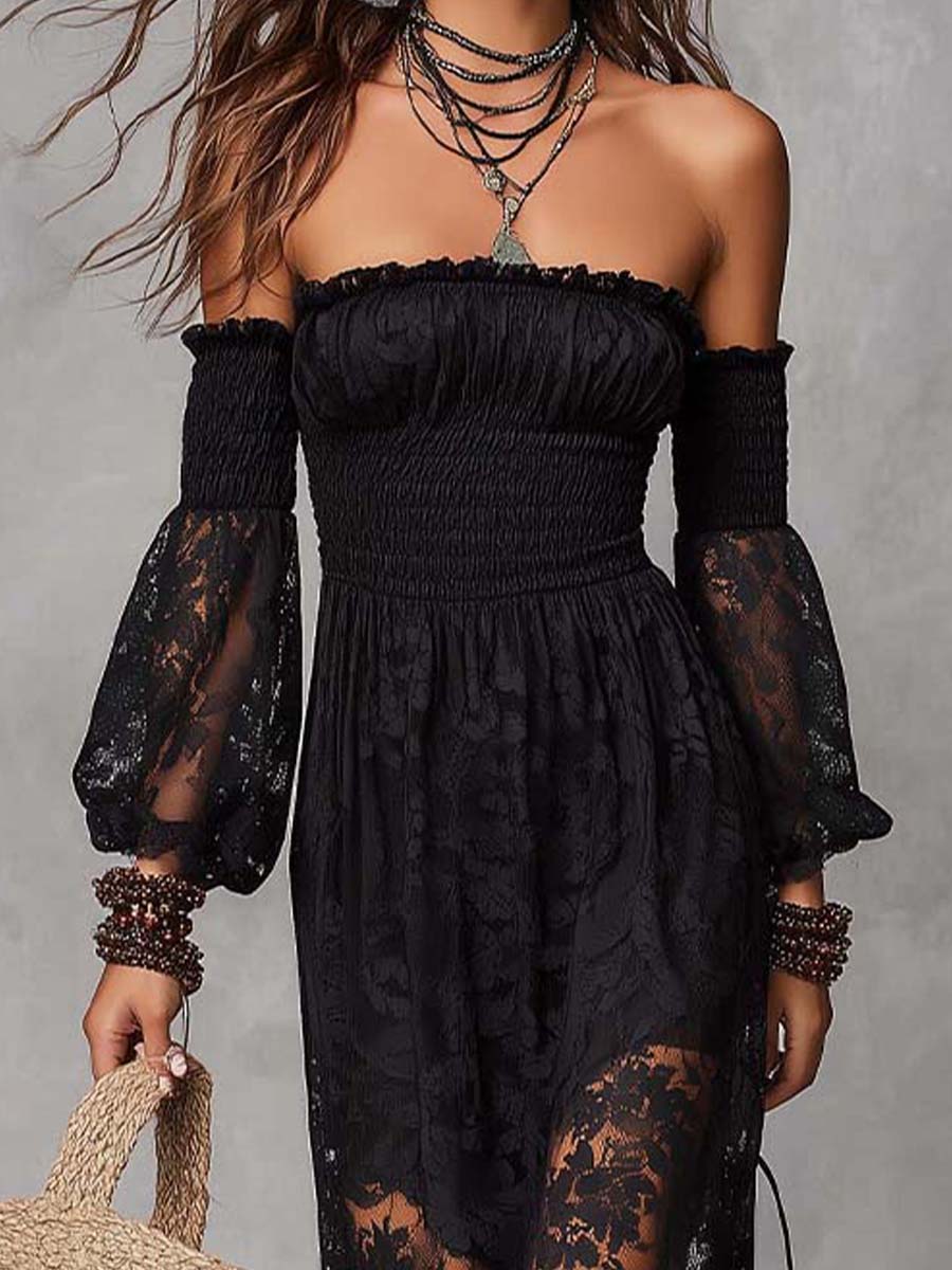 Black lace smocked maxi dress side view