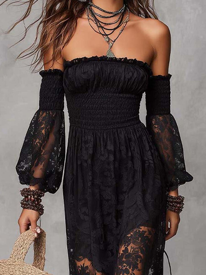 Black lace smocked maxi dress side view