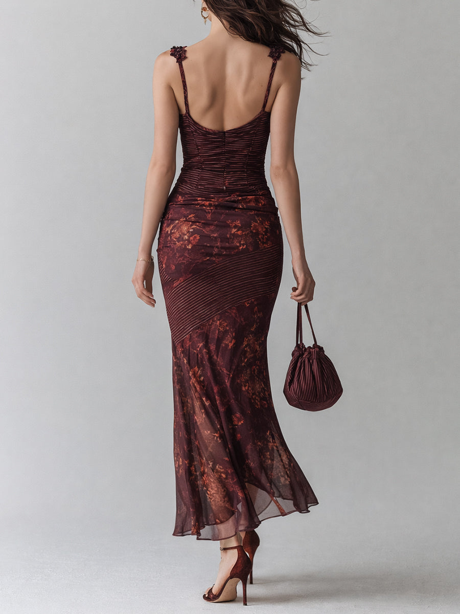Flower splicing suspender maxi dress back view