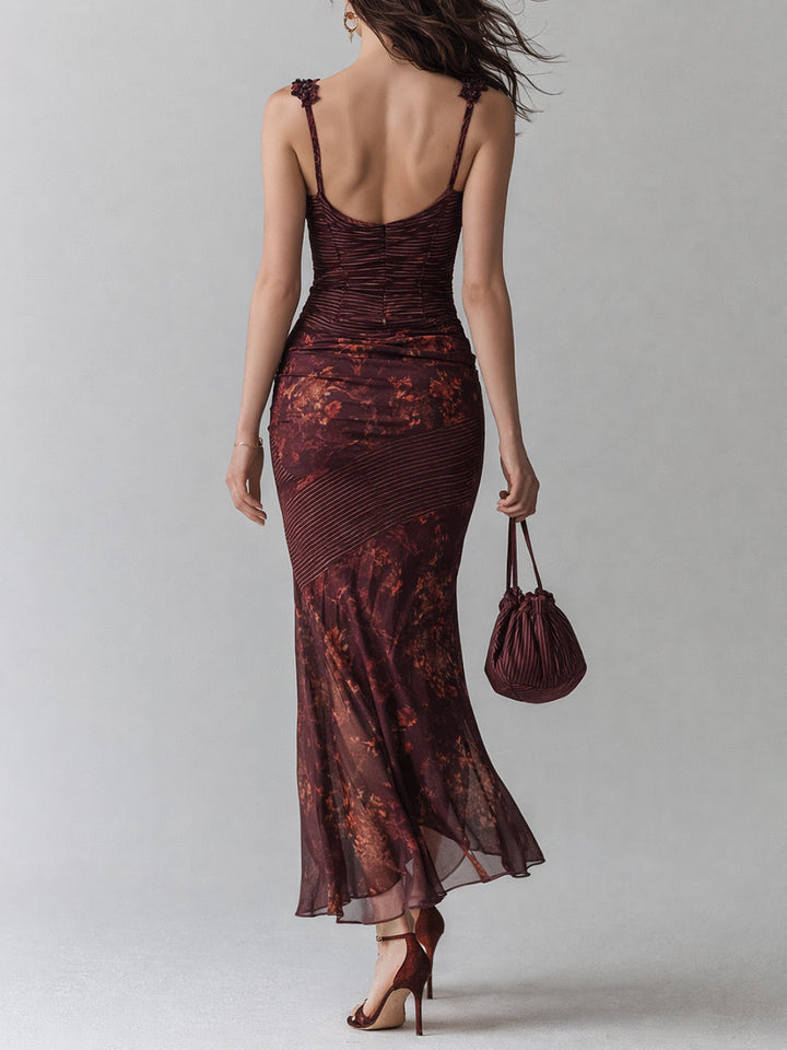 Flower splicing suspender maxi dress back view