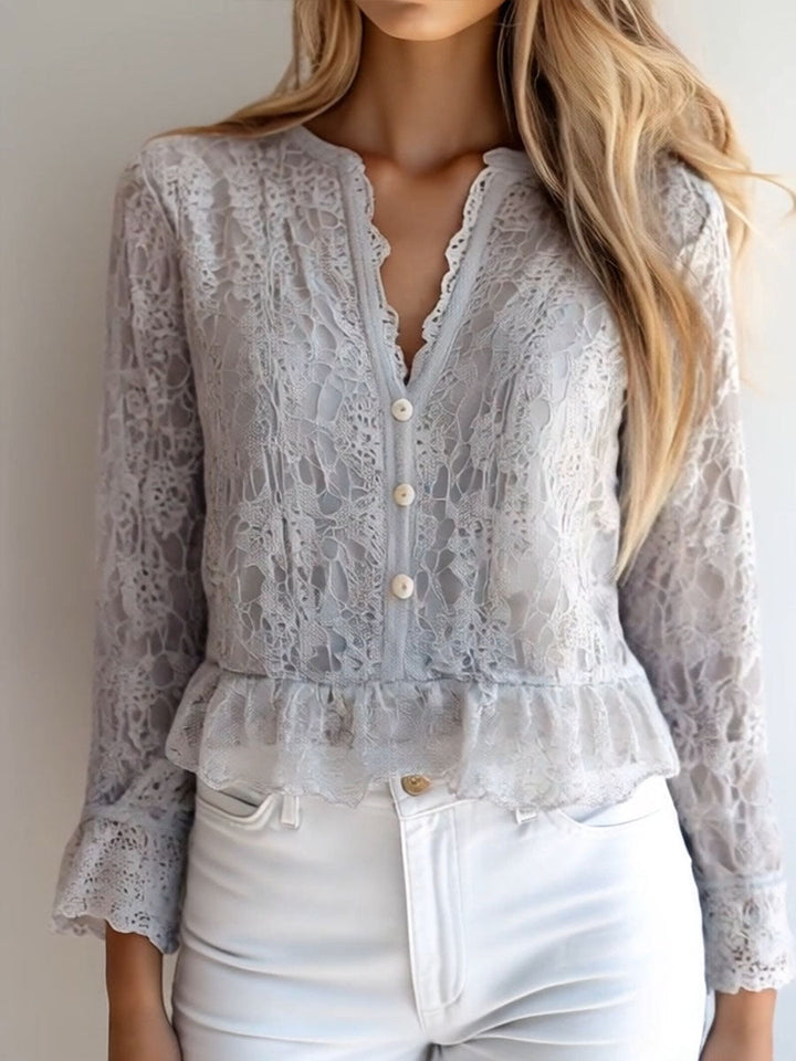 Stylish v-neck button down long sleeve lace shirt styled view
